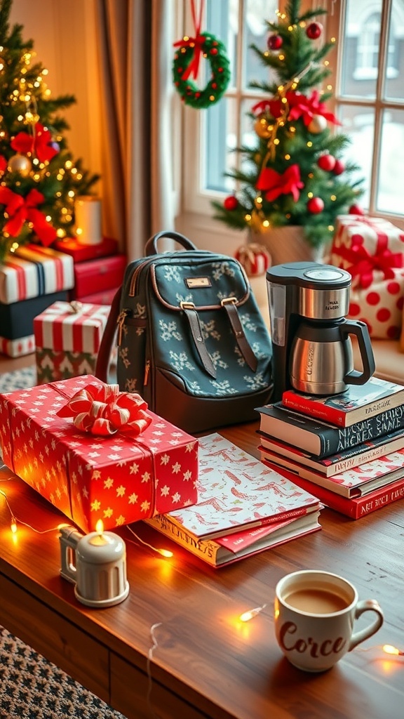 A festive Christmas wishlist display with gifts, a backpack, coffee maker, and books on a table decorated with holiday lights.